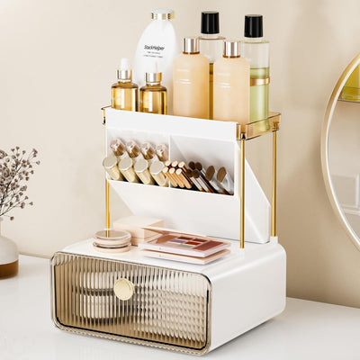 StackHelper 2-Tier 1-Drawer Bathroom Counter Organizer, Multi-Purpose Makeup Organizer Countertop, Ideal for Present, Easy to Install, Suitable as Bathroom Organizers and Storage, Amber