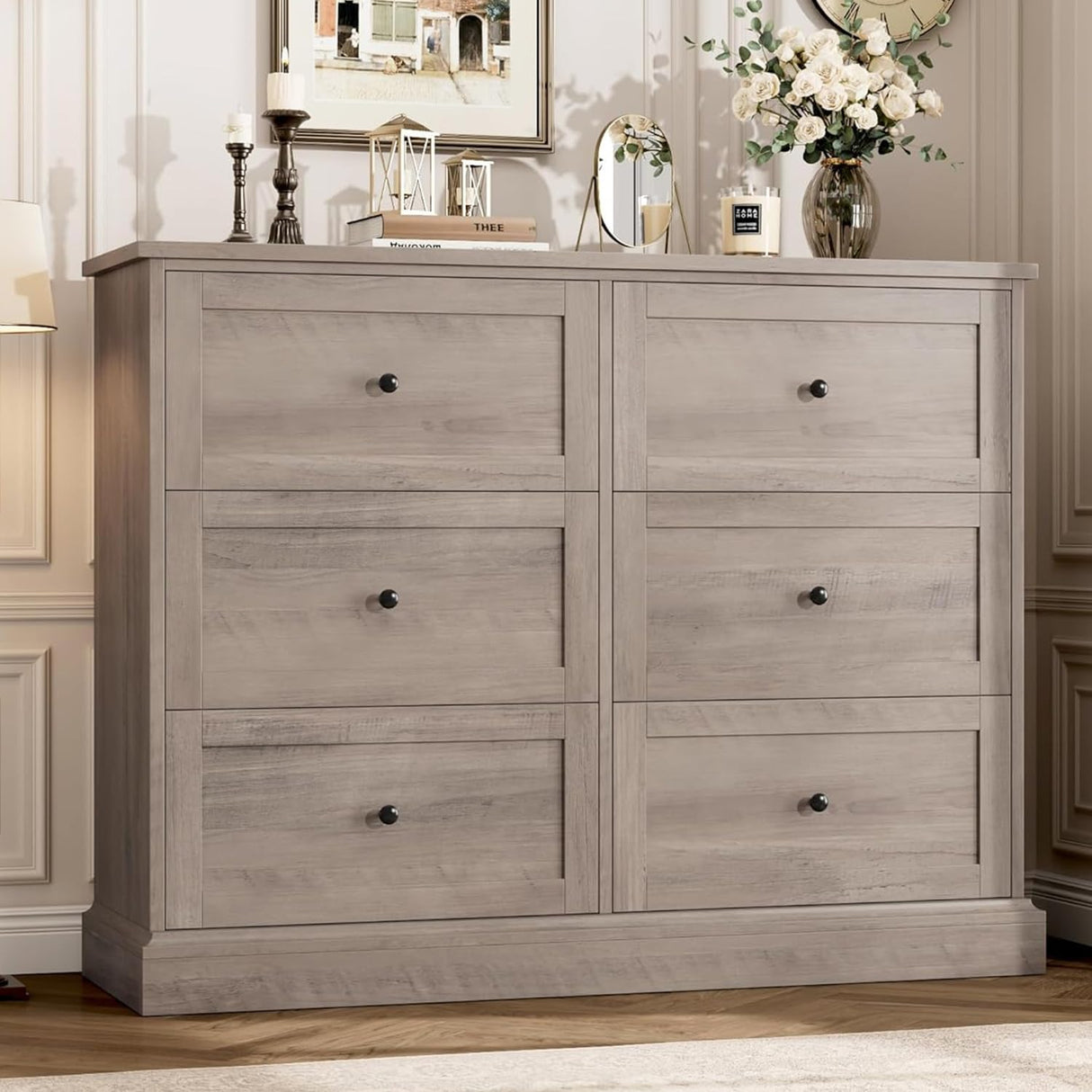 FOTOSOK 6 Drawer Dresser, Modern Dresser Double Dresser 6 Drawer Chest with Deep Drawers, Wide Storage Organizer Drawer Cabinet for Living Room Home, Ash Grey FOTOSOK