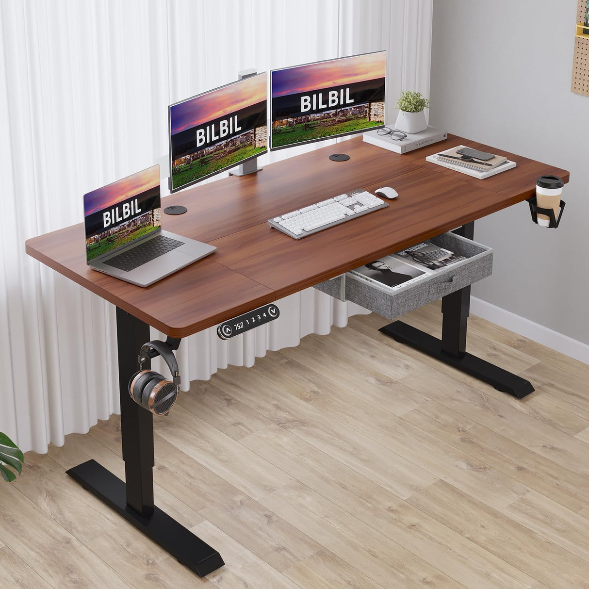 bilbil 63x30 Inches Electric Standing Desk with Drawer, Height Adjustable Sit Stand Up Desk with 4 Splice Boards, Home Office Desk Computer bilbil