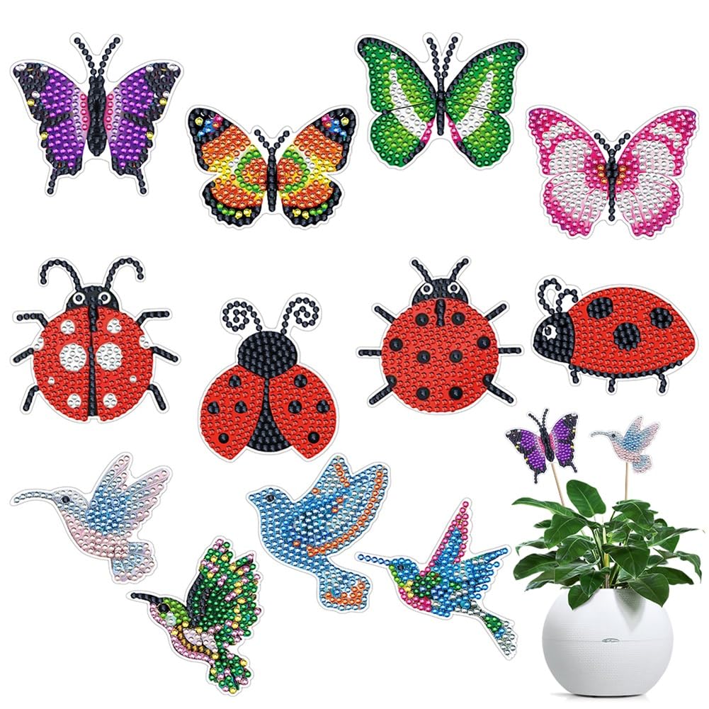Diamond Art Kits, 12 Pcs Butterfly Hummingbird Ladybug Stakes Diamond Painting Kits for Adults Kids, 5D DIY Butterflies Ornaments Diamond Art Supplies Crafts for Indoor Outdoor Garden Yard Party Decor SOEWIOU