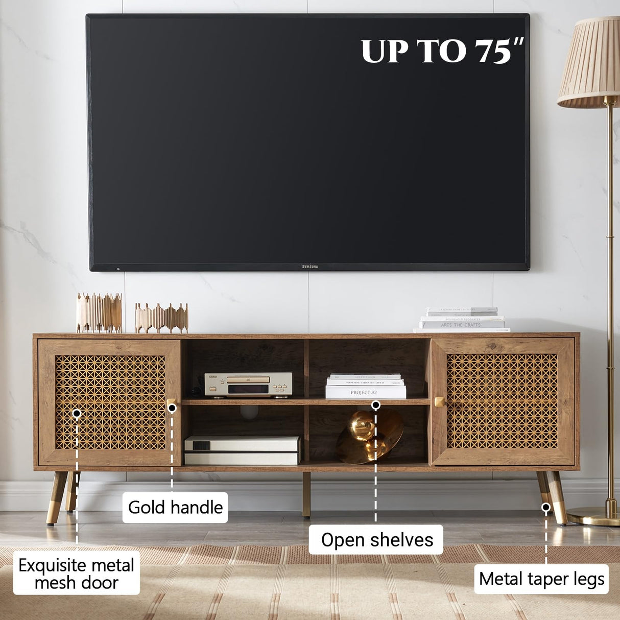 JYED DECOR Modern Entertainment Center for TVs up to 75 inches, Boho TV Console with Storage Cabinet and Open Shelves, Large TV Stand for Living Room, Bedroom, Office, Rustic JYED DECOR