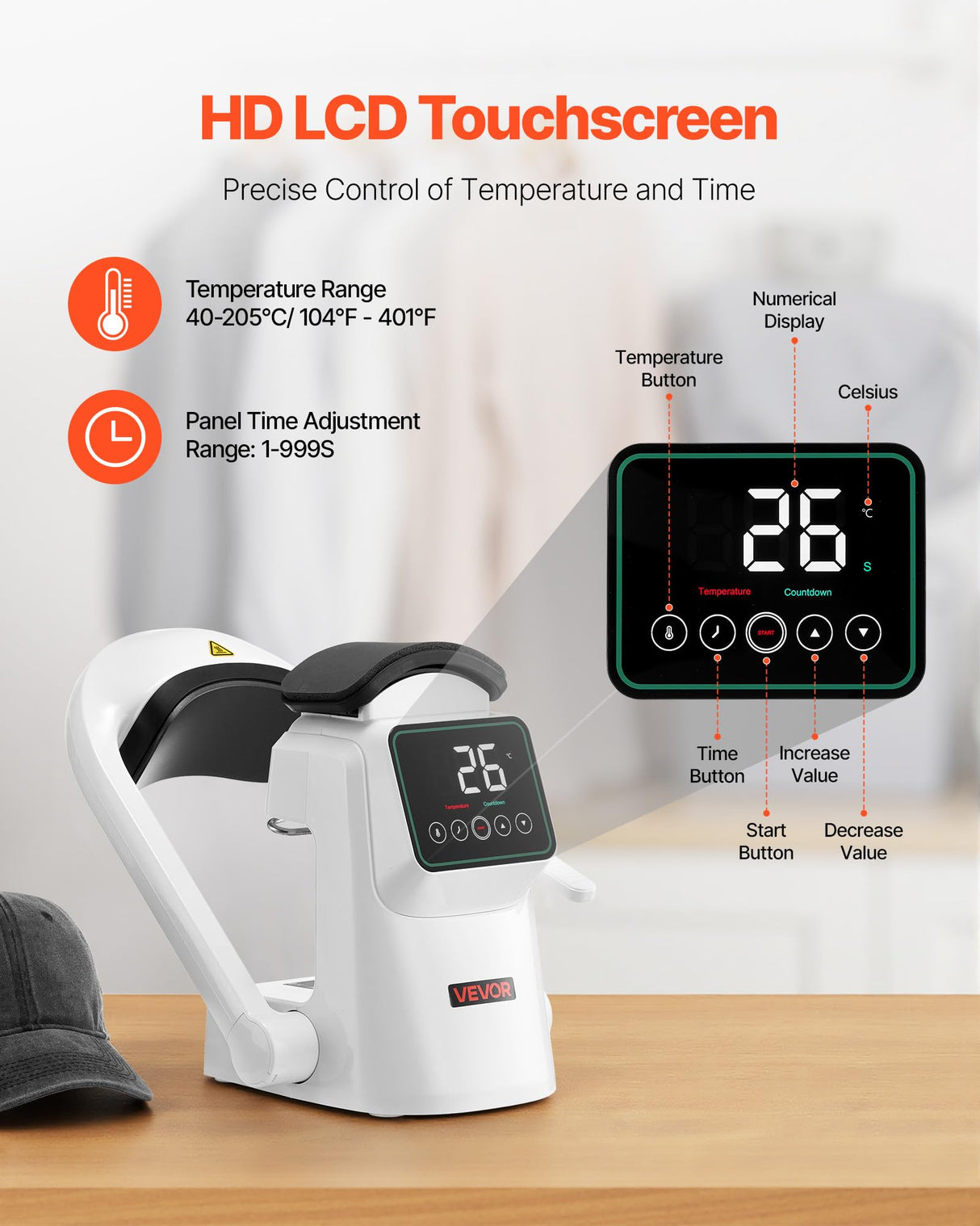 VEVOR Auto Hat Heat Press Machine, with 2pcs Interchangeable Platens, Automatic Open and Release, Touchscreen for Precise Time and Temperature Control, Heat Transfer Printing for Caps, Hats, White VEVOR