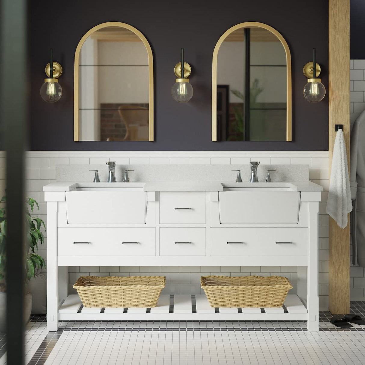 Charlotte 72-inch Double Farmhouse Bathroom Vanity: Includes White Cabinet with Quartz Countertop and White Ceramic Apron Sinks Kitchen Bath Collection