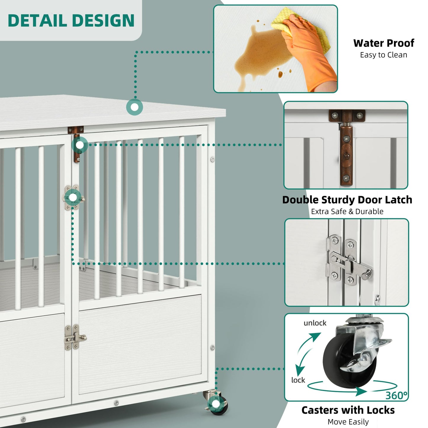 YITAHOME 38" Dog Crate Furniture with Wheels, Heavy Duty Wood Dog Cage Table with Double-Doors Chew-Resistant Wooden Dog Kennel Indoor for Large and Medium Dogs White