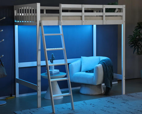 VINGLI Loft Bed Twin Size with USB Charging Station/LED, Solid Wood Single Loft Bunk Bed with Flat Rungs for Kids/Teens/Adults, 15 inches High Guardrail,Wood Slat Support No Box Spring Needed, White VINGLI