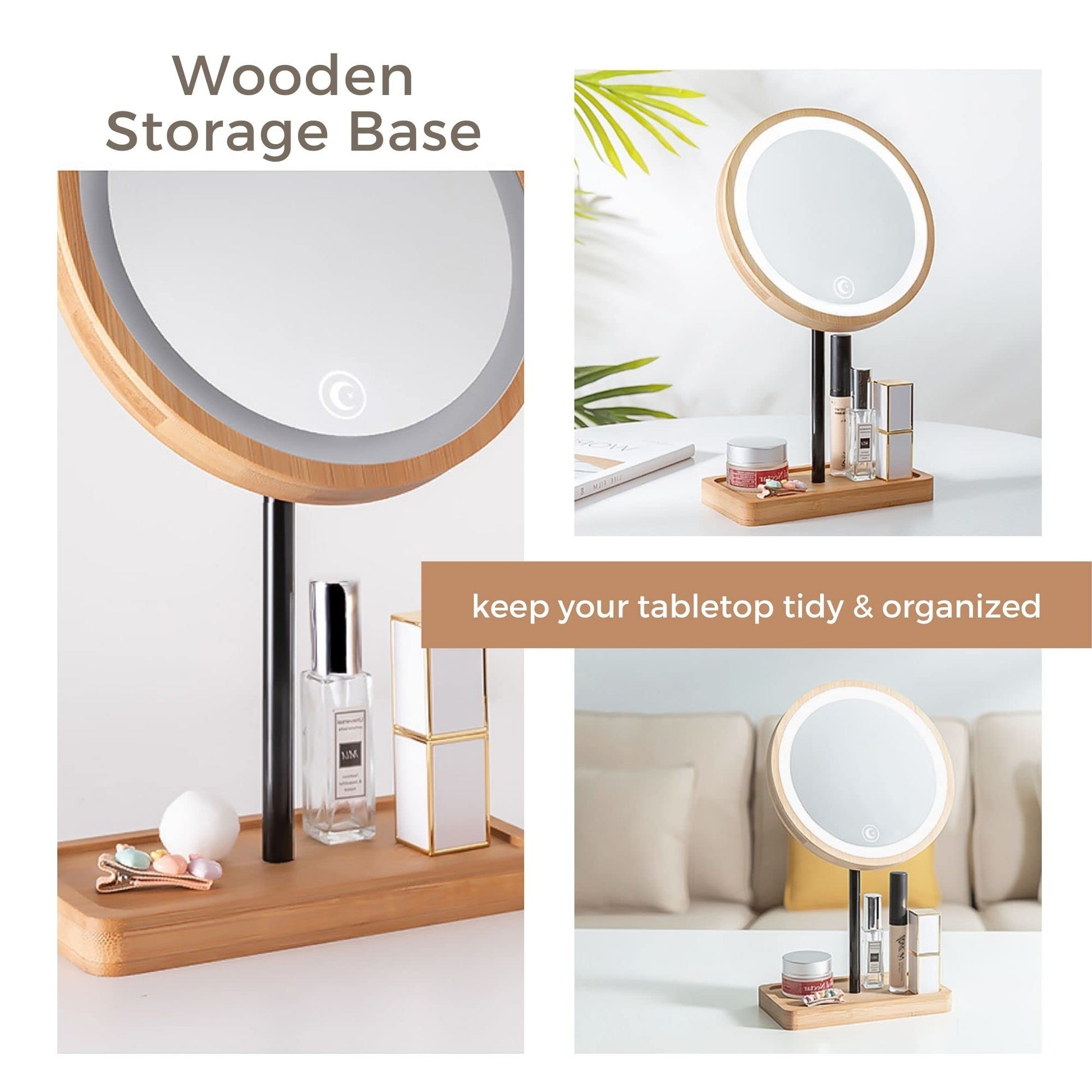 Kimikata LED Lighted Makeup Mirror Vanity Light Up Mirror with 3 Lights, Cordless USB Rechargeable Battery, Rotation, Small Bamboo Wood Beauty Storage Organizer, Tabletop Stand, Circular Ring - WoodArtSupply