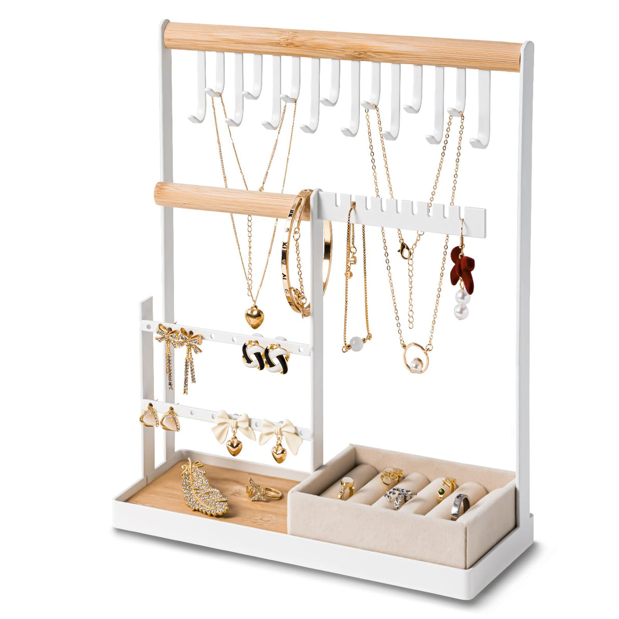 DreamGenius Jewelry Organizer Stand with Velvet Ring Holder, 4 Tier Jewelry Holder Organizer with 15 Hooks for Necklaces and 16 Holes for Earrings, White DreamGenius