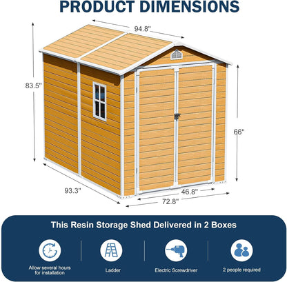 CDCASA 8x6 FT Resin Storage Shed, Waterproof Large Outdoor Shed with Floor & Lockable Door & Window & Vents, Plastic Tool Shed for Backyard, Patio, Poolside, Lawn, Wood Grain - Brown