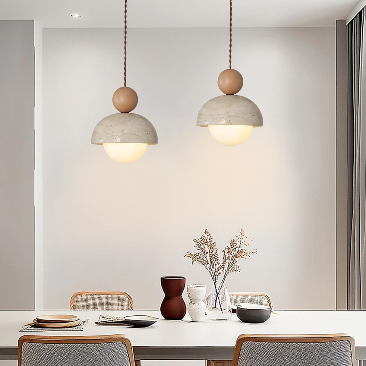 JIANTLAIUS 2PCS Japanese Wabi-Sabi Yellow Travertine Pendant Lamp Natural Stone Shade Pendant Light with Wood Hanging Light G9 Nordic Mini Pendant Lighting for Kitchen Island Dining Room JIANTLAIUS