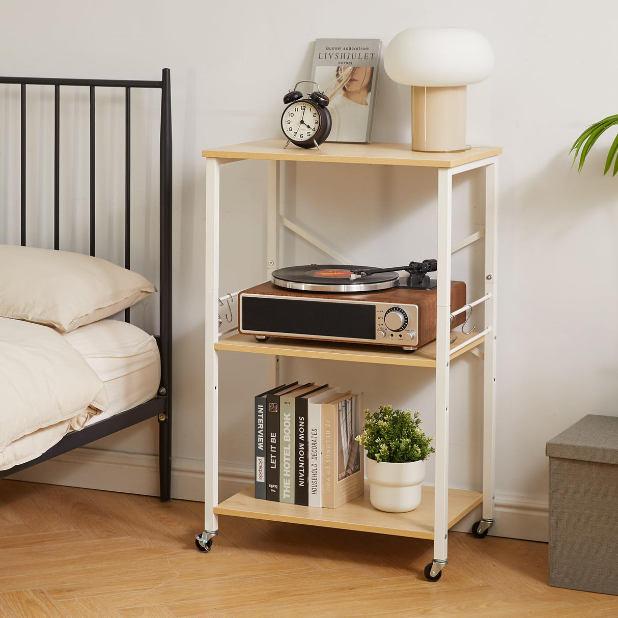 IBUYKE Kitchen Shelf Cart, 3-Tier Microwave Oven Stand, Baker’s Rack with Metal Frame and 8 Hooks, Industrial Printer Stand, Utility Standing Storage Shelf for Coffee Bar, Simple Assembly, TMJ023R IBUYKE