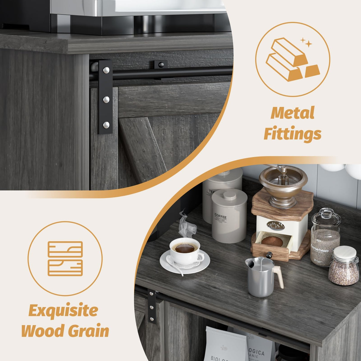 4ever2buy Farmhouse Coffee Bar Cabinet with Storage, Gray Coffee Bar with 6 Hooks, Coffee Bar Table with Sliding Barn Door, Wine Bar Cabinet with Adjustable Shelf for Living Dining Room 4ever2buy