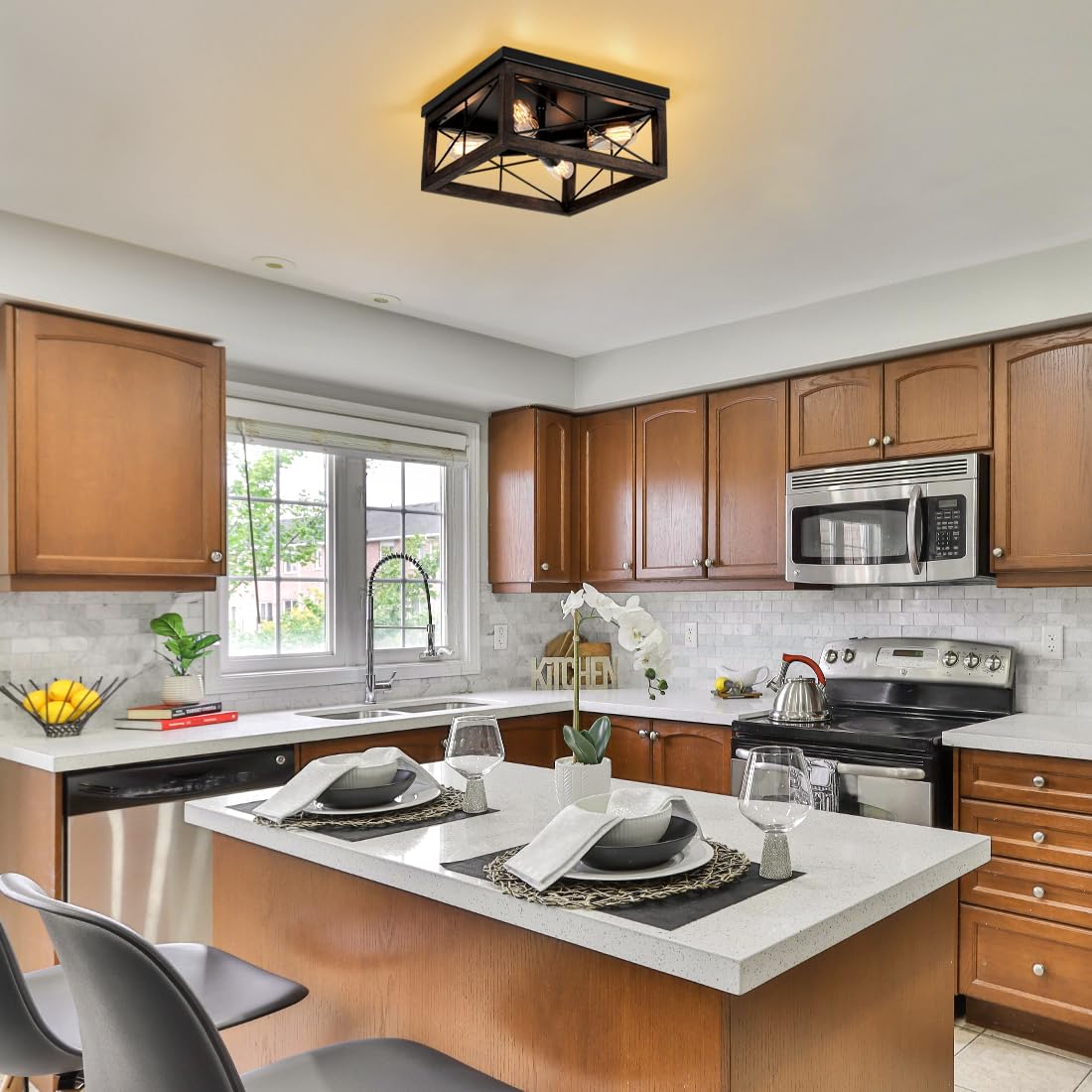 eyassi Wooden Flush Mount Ceiling Light, 4-Light Rustic Farmhouse Light Fixtures, Industrial Square Ceiling Light Fixture with E26 Socket for Kitchen Entryway Living Room Dining Room Bedroom eyassi