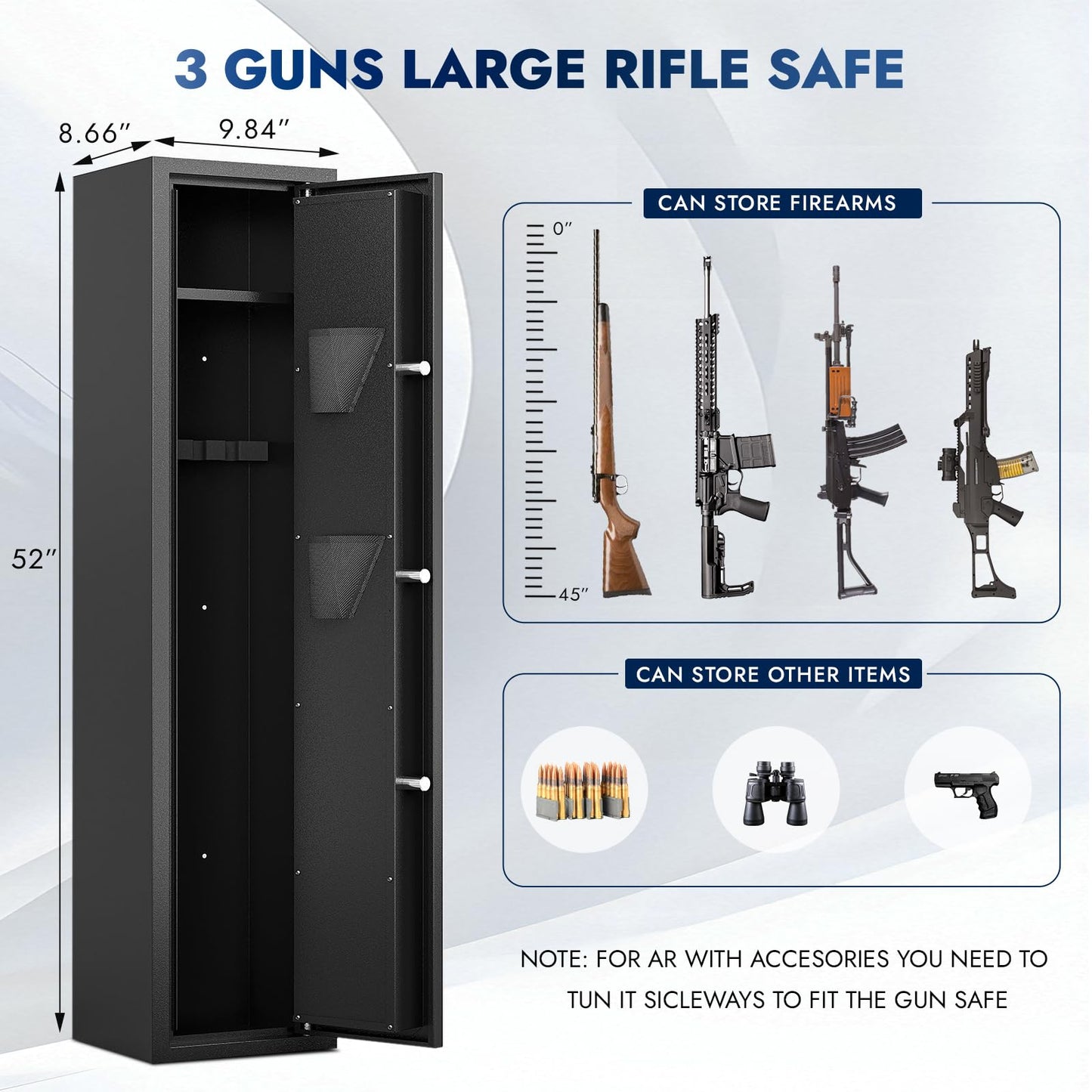 Xyvaly 2-3 Gun Safe,Gun Safe for Rifle and Pistols,Long Gun Safes,Multi-Function Gun Cabinets for Rifles and Shotguns,Sturdy Anti Theft Gun Safe for Rifle with Rack,Pistol Pockets