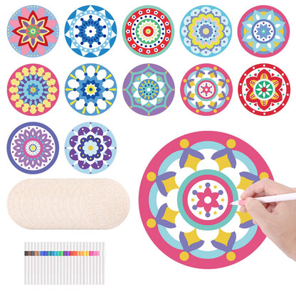 BHHQHH 37Pcs Wooden Mandala Painting Set 12 Mandala Unfinished Wood Slices with 25 Markers,Mandala Painting Kit for Adult Painting DIY Crafts Home Decors