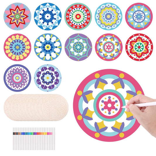 BHHQHH 37Pcs Wooden Mandala Painting Set 12 Mandala Unfinished Wood Slices with 25 Markers,Mandala Painting Kit for Adult Painting DIY Crafts Home Decors