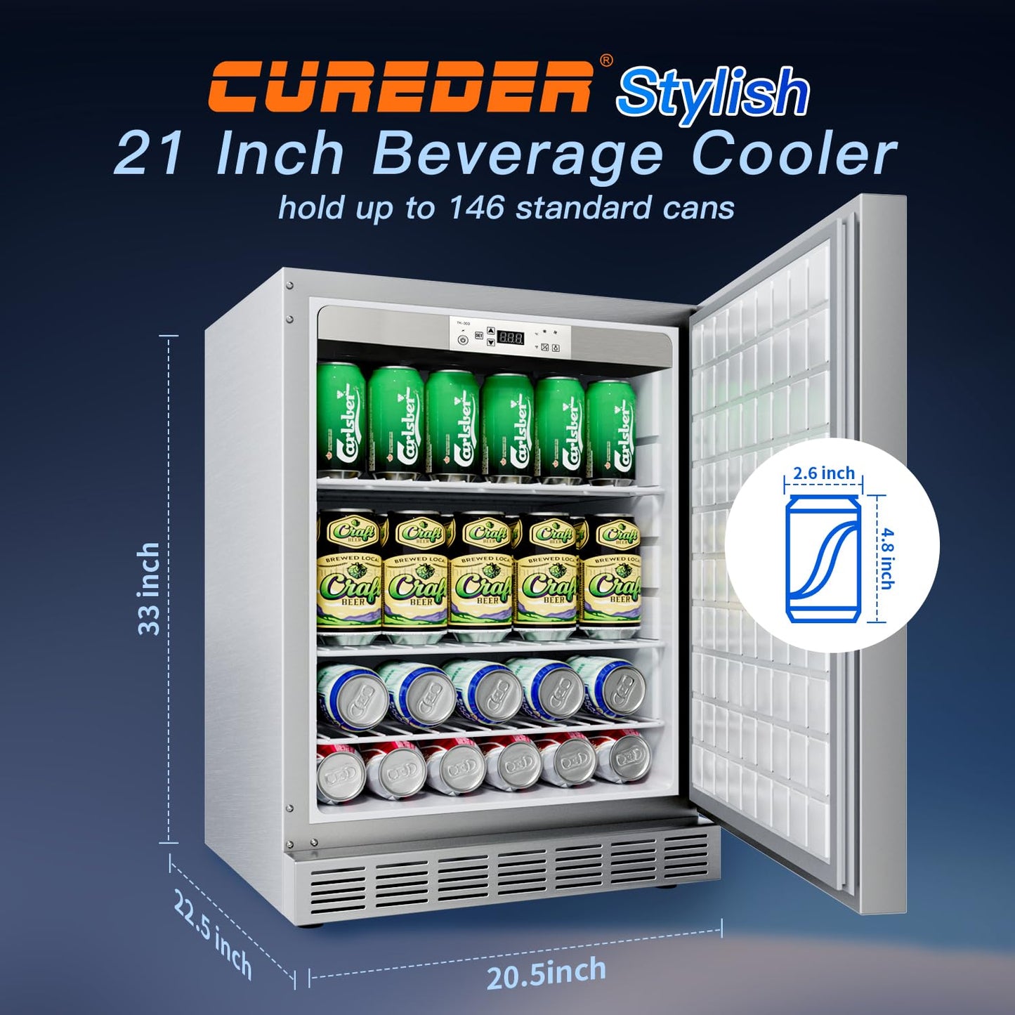 cureder 21 Inch Outdoor Refrigerator, Weather Proof Stainless Steel Beverage Beer Cooler Under Counter Fridge, Indoor/Outdoor Refrigerator with 3 Shelves for Patio Kitchen and Commercial Use