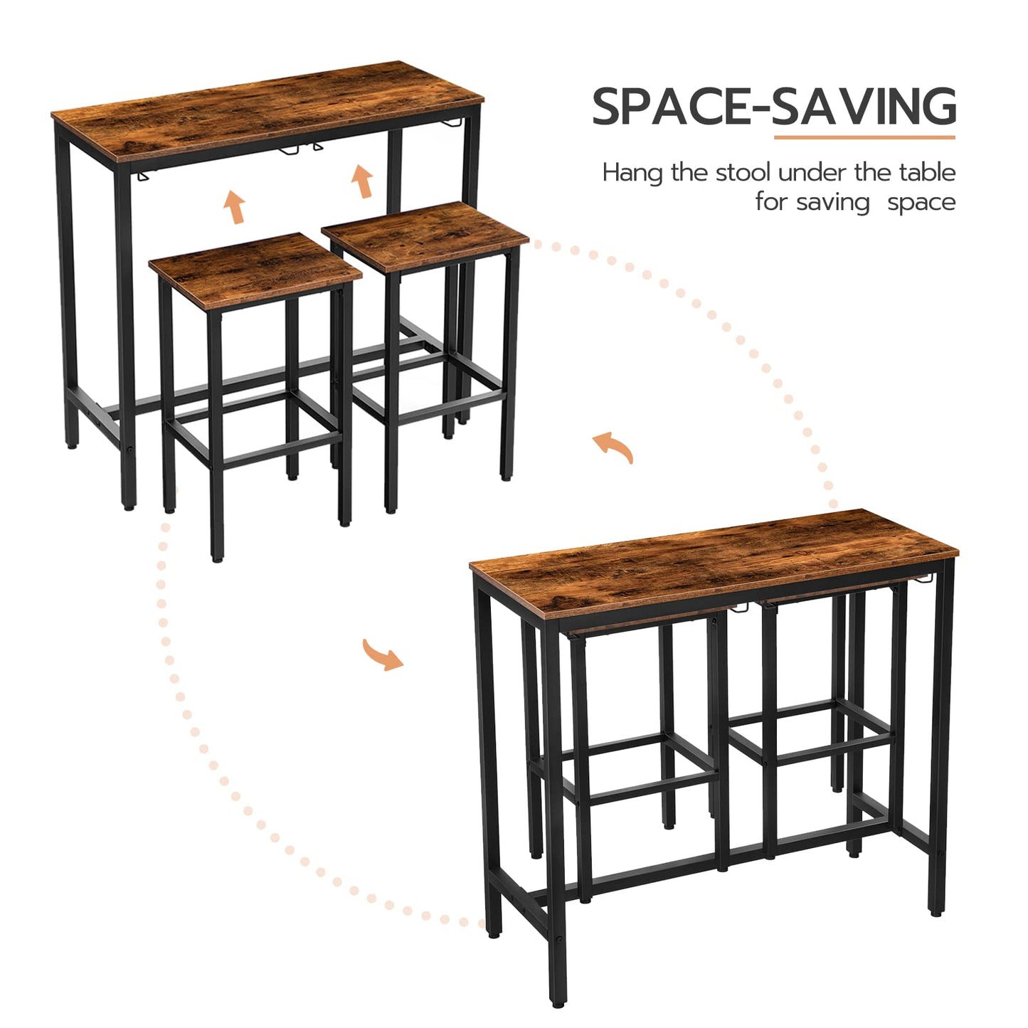 HOOBRO Rustic Brown Bar Table Set with Stools - Space-Saving Pub Dining Solution