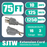 FSTSN 75 Ft Indoor Outdoor Extension Cord - 16/3 SJTW Durable Waterproof Extension Cable with 3 Prong Grounded Plug, Grey FSTSN