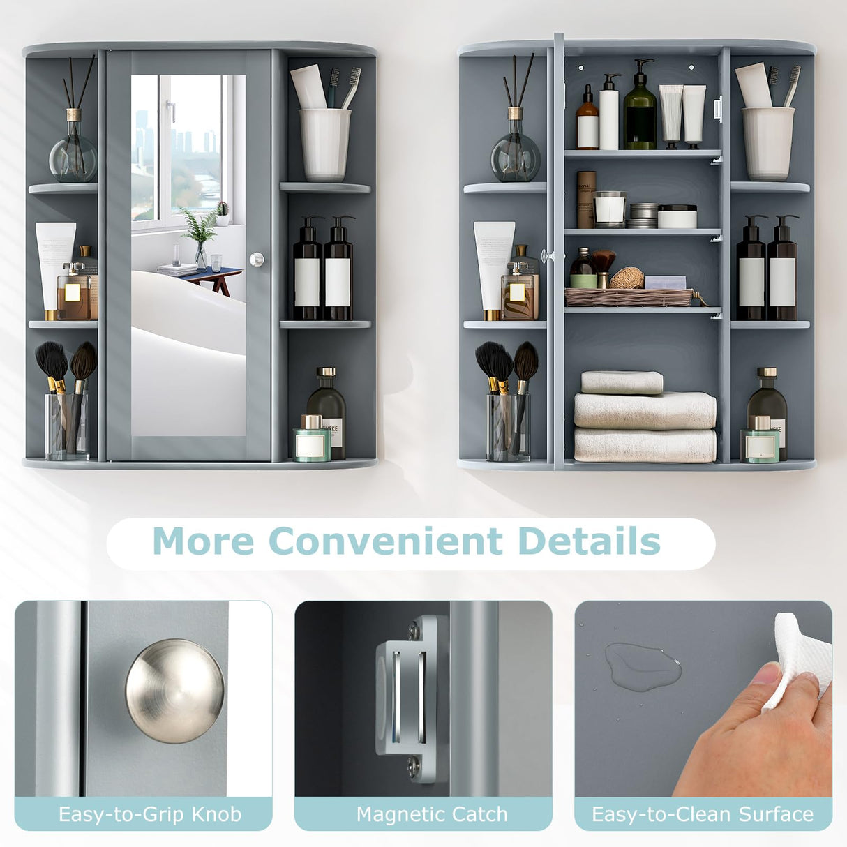 COSTWAY Wall Mounted Bathroom Cabinet - Storage Organizer with Mirror Door, Adjustable Shelves & 6 Open Racks, Space-Saving Hanging Medicine Cabinet for Living Room Kitchen Entryway (Gray) COSTWAY