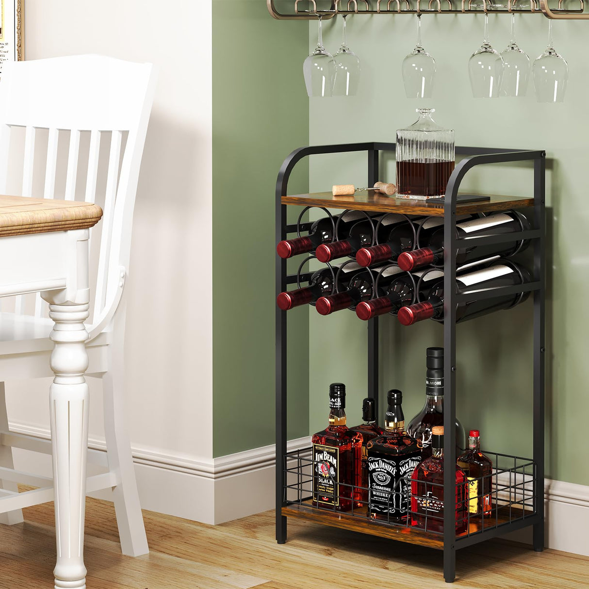 Bosimeca 3-Tier Industrial Wine Bar Table with 8-Bottle Rack and Liquor Storage Bosimeca