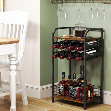 Bosimeca 3-Tier Industrial Wine Bar Table with 8-Bottle Rack and Liquor Storage Bosimeca