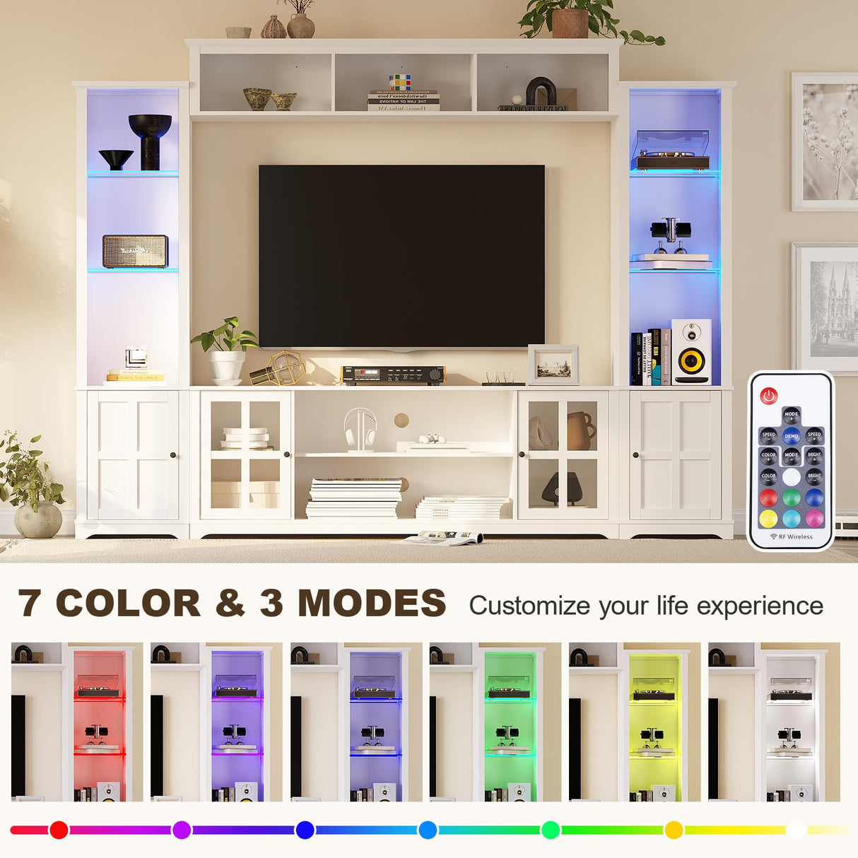 MEISSALIVVE Wall Unit TV Stand with Storage & LED Lights, Large Entertainment Center with Bookshelves for TVs up to 75", Media Console for Living Room, White MEISSALIVVE