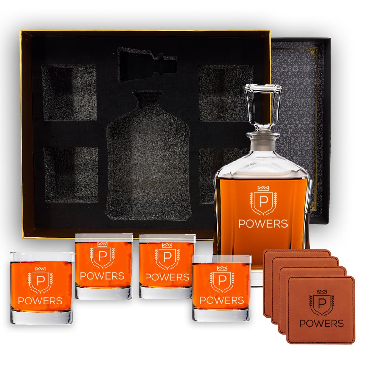 Engraved Liquor Whiskey Decanter Set with Scotch Glasses for Men - 9 Design Options - Personalized Gift Set for Him, Dad - Premium Set Includes Whiskey Stones - Christmas, Valentines - by Froolu Froolu