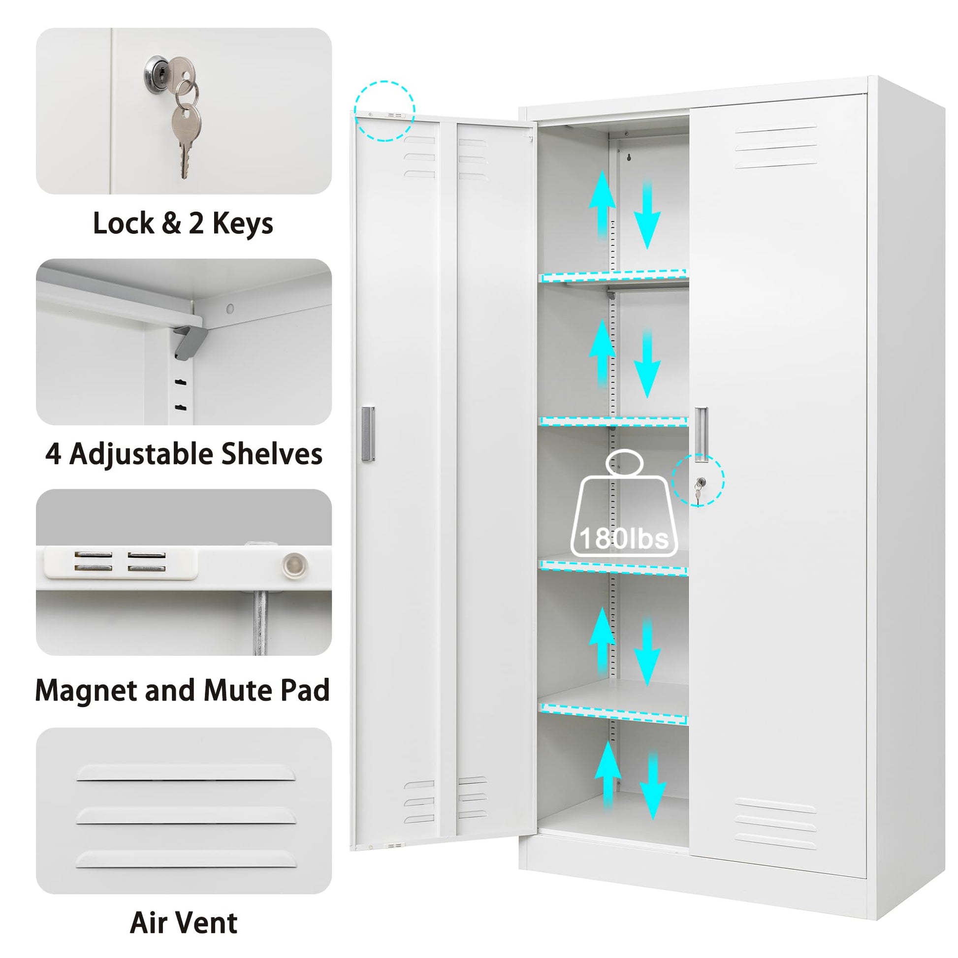 Metal Storage Cabinet, 72" H Locking Cabinets with Doors, Adjustable Shelves and Air Vent for Garage, Home, Office, Warehouse- White - WoodArtSupply