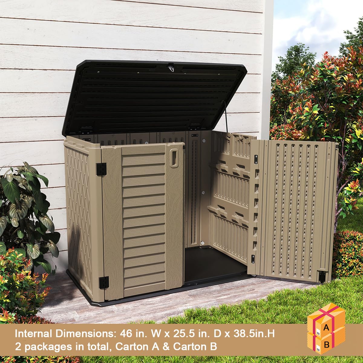 KINYING Outdoor Storage Shed - Horizontal Storage Box Waterproof for Garden, Patios, Backyards, Multi-Opening Door for Easy Storage of Garbage Cans, Tools, Lawn Mower, 26 Cubic Feet,Brown KINYING
