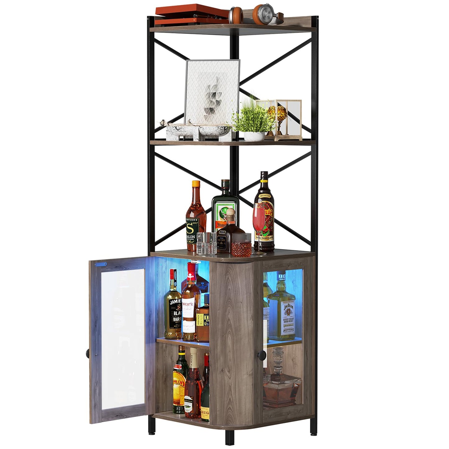 SEPTBOT Corner Bar Cabinet, Liquor Cabinet with RGB LED Light, 5 Tier Corner Cabinet with Adjustable Shelf for Mini Bar, Living Room, Home, Small Space