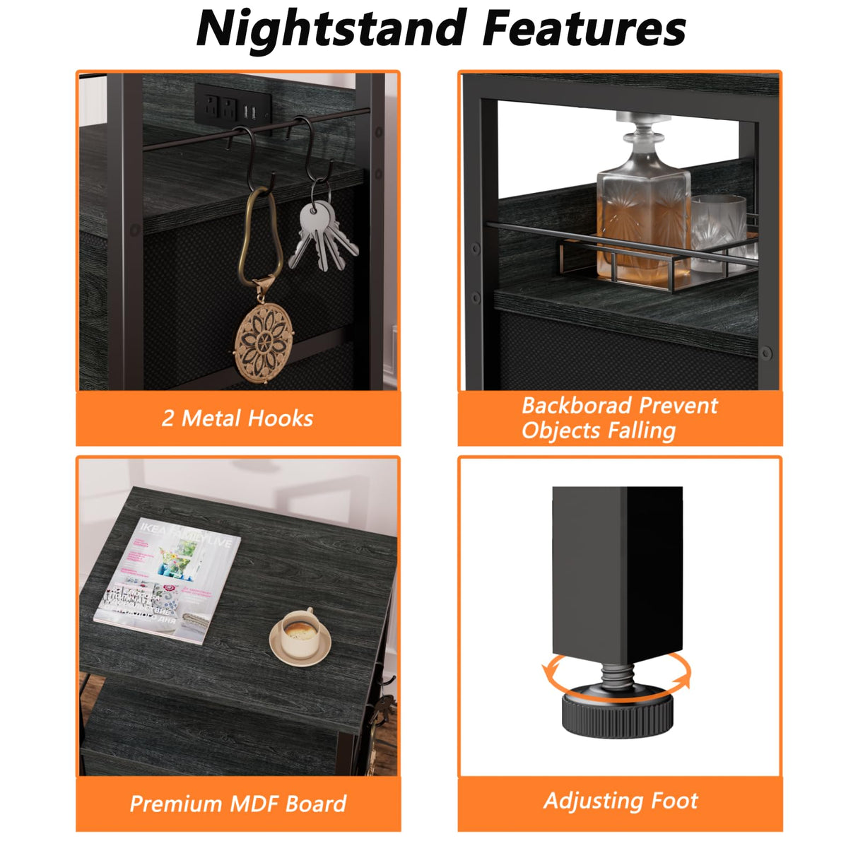 Furologee Nightstand Set of 2, Black Oak, with Charging Station and USB Ports, Side Tables with 2 Fabric Drawers, Bedside Tables with Storage Shelf & Hooks, for Living Room/Bedroom Furologee