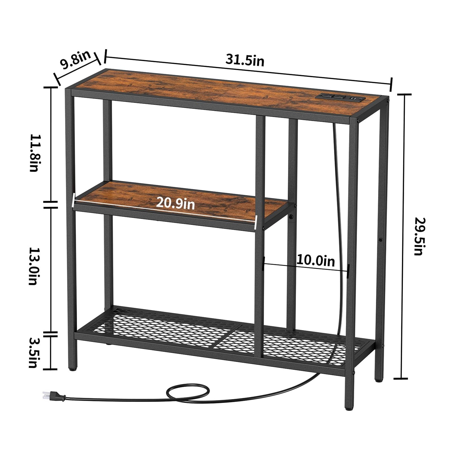 Snughome Console Table with Power Outlets, Entryway Table with Storage, Narrow Sofa Table with 3 Tier Shelves, Couch Table with USB Ports, Hallway Table for Living Room, Entrance