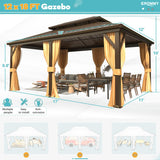 EROMMY 12'x18' Gazebo Hardtop, Galvanized Steel Double Roof Metal Gazebo with Aluminum Frame, Permanent Outdoor Pavilion with Curtain and Netting for Patio, Lawn and Garden EROMMY