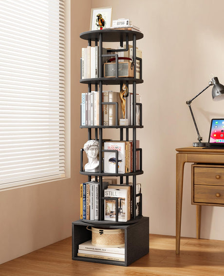 Kalrin 5 Tier Rotating Bookshelf with Extra Storage Cabinet, 360°Spinning Corner Bookshelf, Floor Standing Bookcase for Kids & Adult, Narrow Book Shelf for Bedroom Living Room, Pure Black Kalrin