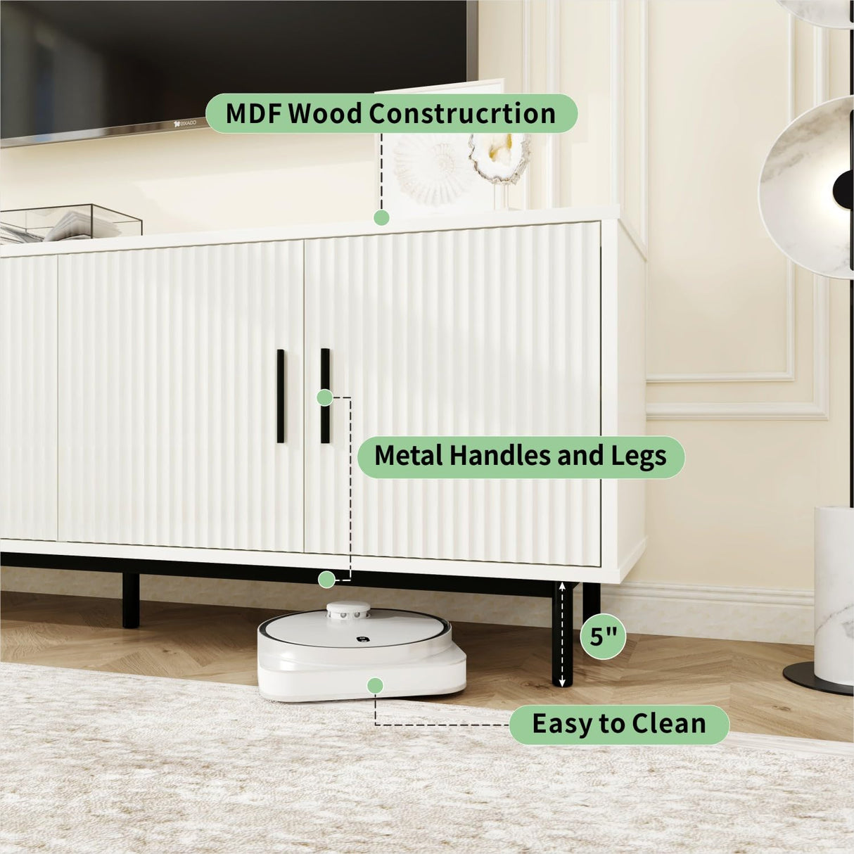 MUUEGM 70" Fluted TV Stand, Mid Century Modern Television Stands for Living Room, Wood TV Console for Televisions Up to 80 Inches, Entertainment Center with Storage, Adjustable Shelf, White TV Stands MUUEGM