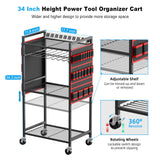 JUNNUJ Large Power Tool Organizer Cart with Charging Station, Garage Floor Standing Rolling Drill and Tools Battery Storage Cart on Wheels, Heavy Duty Utility Rack Shelf with 8 Outlet Power Strip, Red JUNNUJ