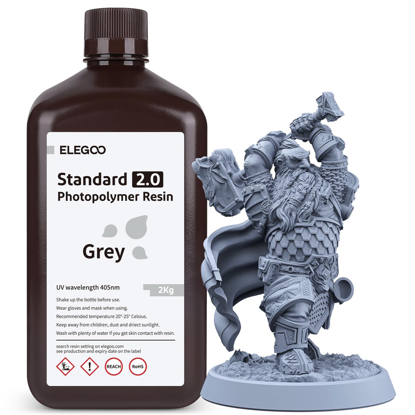 ELEGOO Upgraded Standard 3D Printer Resin, Photopolymer 405nm UV Curing Resin 2.0 for LCD/DLP 3D Printing Grey 2KG