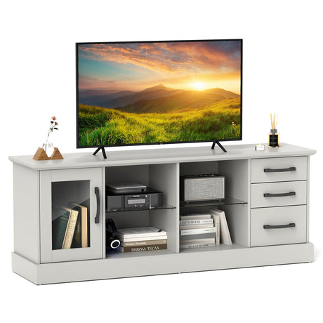 Tangkula Farmhouse TV Stand for 75 Inch TVs, 63” Media Console Table with 3 Drawers, 2 Glass Shelves & Cable Holes, Modern Wooden Entertainment Center for Living Room, Bedroom (Gray) Tangkula