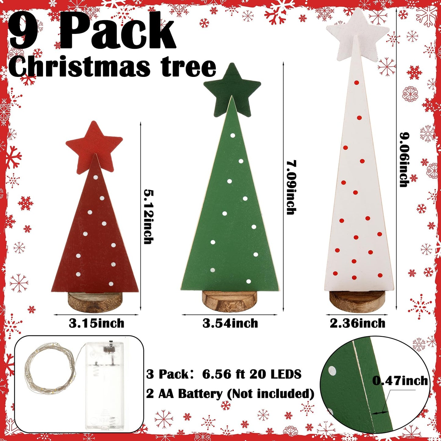 Colingmill 9 Pcs Wooden Christmas Tree Tabletop Decor Sanding Rustic Wood Christmas Tree Sign with 3 Pcs 6.56 ft LED Lights for Xmas Home Decor Farmhouse Freestanding Centerpieces Holiday Decorations