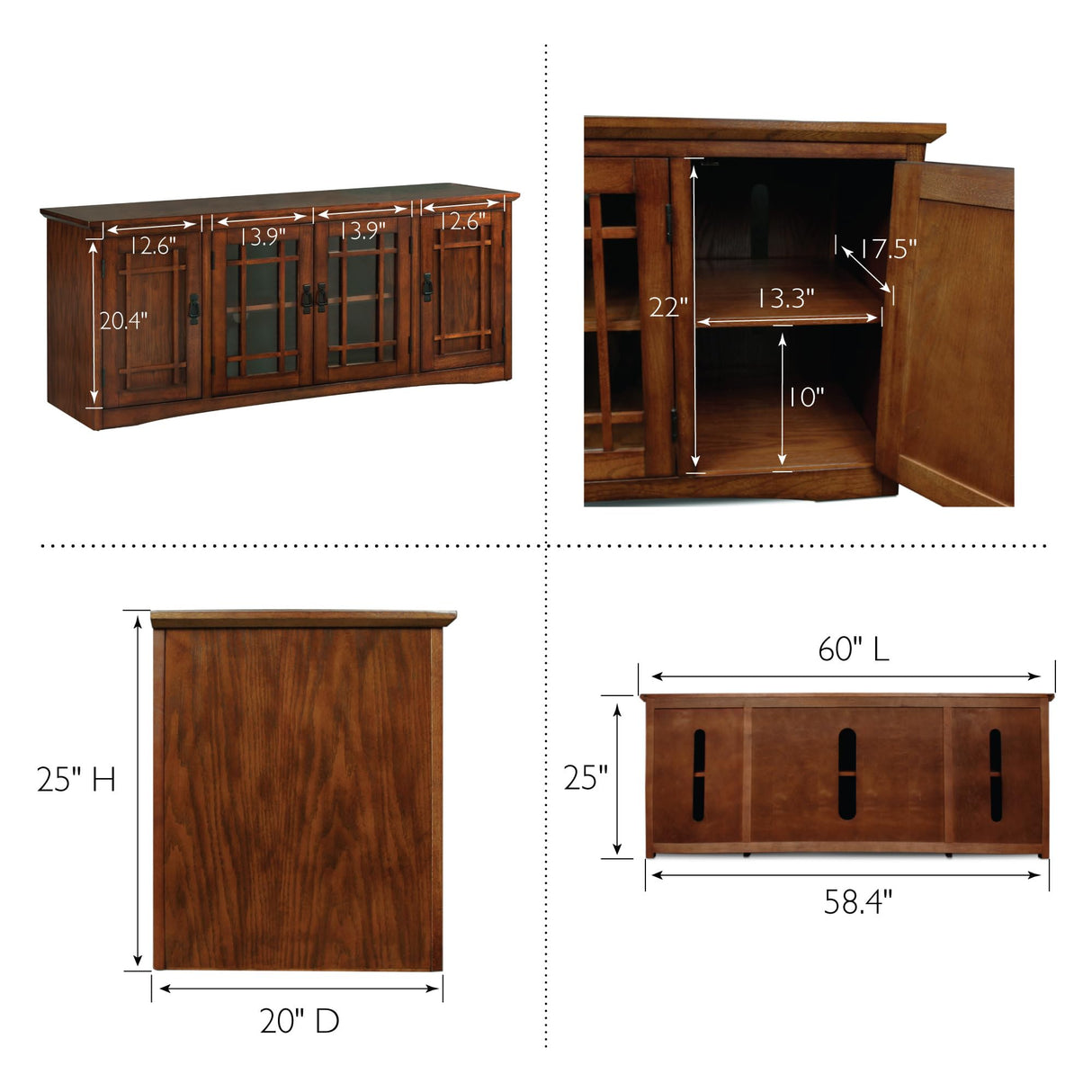 Leick Home 82360 Solid Wood Mission Oak Four Door TV Stand For 65" TVs Universal TV Console Living Room Storage Shelves Entertainment Center, Mission Oak Leick Home