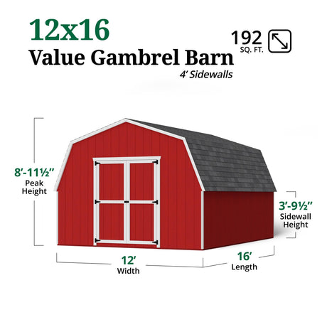 Little Cottage Co. 12x16 Value Gambrel Barn with 4 ft. Sidewalls with Floor, Outdoor Wood Storage Shed Do-It-Yourself Precut Kit Little Cottage Co.