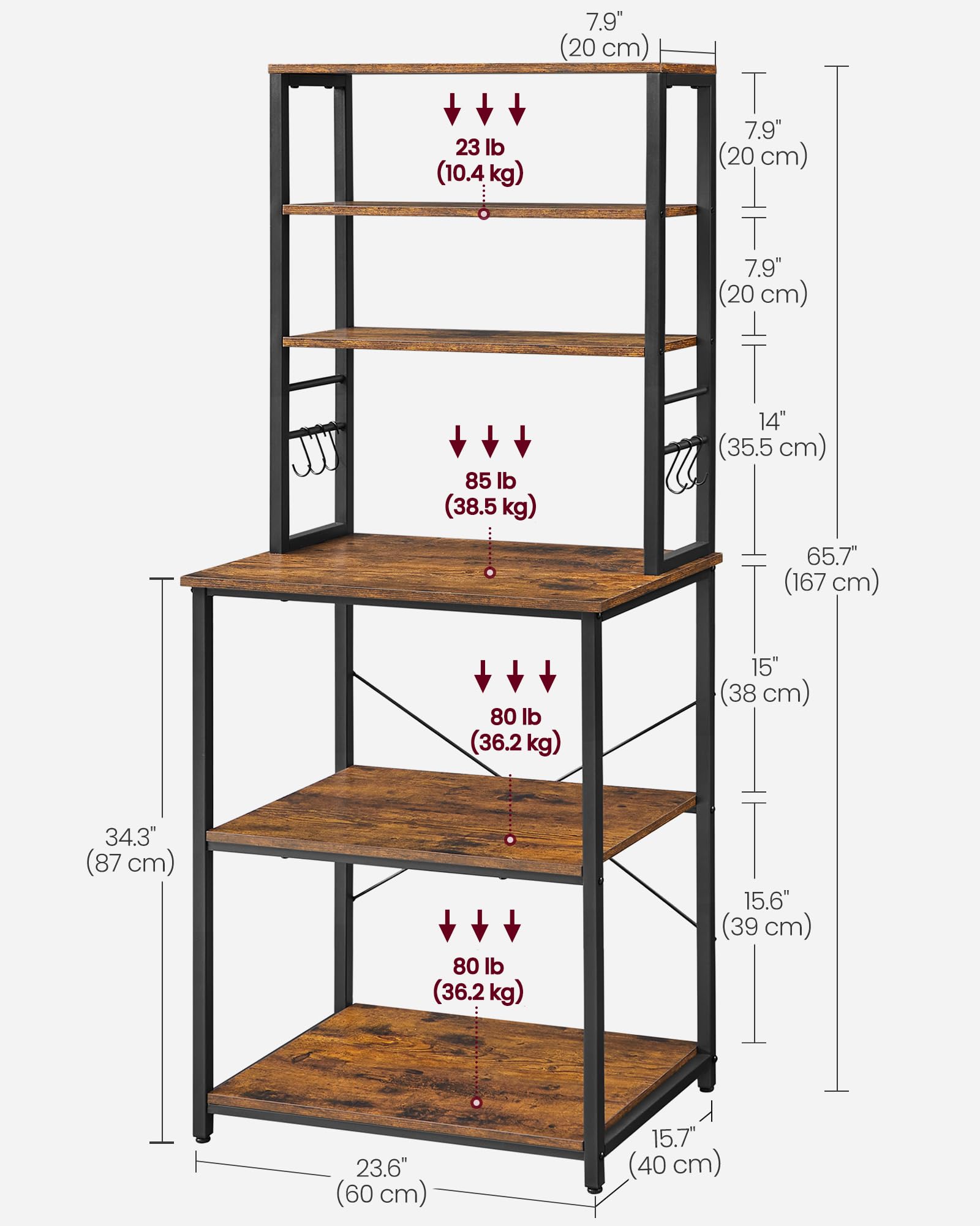 VASAGLE Rustic Brown and Black 6-Tier Kitchen Baker's Rack with Storage and S-Hooks - WoodArtSupply