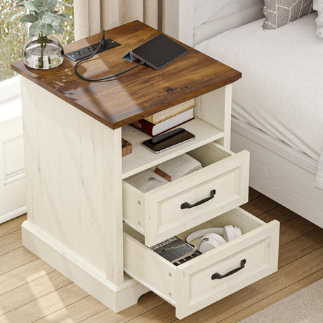 HOMMPA 18'' Farmhouse Nightstand with Charging Station, Bedside Tables with Storage, Bed Side End Table with Open Shelf, 2 Drawers Wood Night Stand Dresser for Bedroom, Living Room, Rustic White HOMMPA