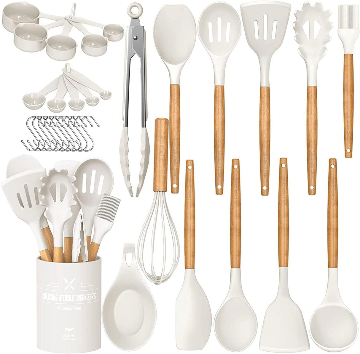 Umite Chef Kitchen Cooking Utensils Set, 33 pcs Non-stick Silicone Cooking Kitchen Utensils Spatula Set with Holder, Wooden Handle Silicone Kitchen Gadgets Utensil Set (Cream White) Umite Chef