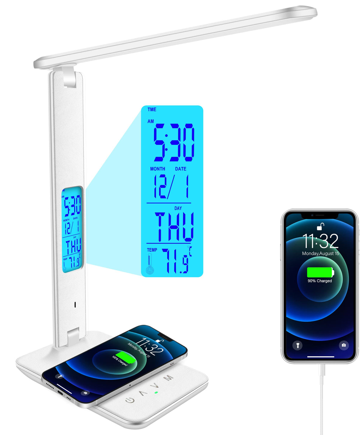 snsok Desk Lamp with Wireless Charger, USB Charging Port, Dimmable Office Desk Light with Clock, Alarm, Date, Temperature, Foldable Lamp for Table Bedroom Bedside Office (White) snsok