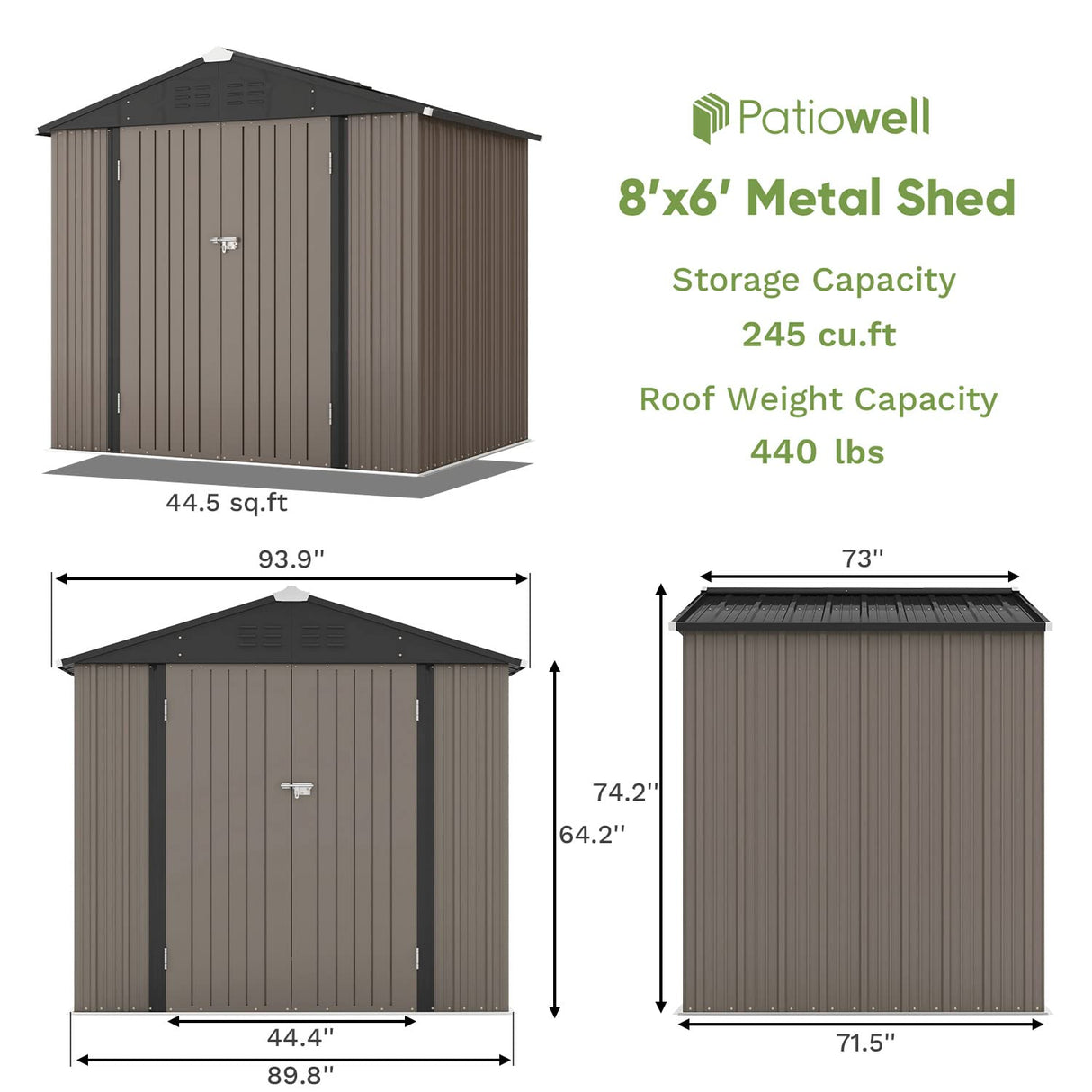 Patiowell 8x6 FT Outdoor Storage Shed, Metal Tool shed & Outdoor Storage with Lockable Doors & Air Vents, for Backyard Garden Patio, Brown Patiowell
