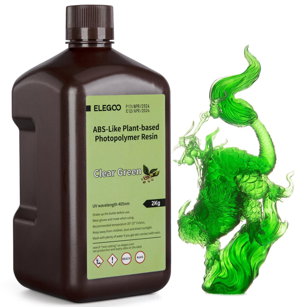 ELEGOO ABS-Like Plant-Based 3D Printer Resin with Low Odor and High Precision, 405nm UV Curing Resin for Mars Saturn Jupiter MSLA DLP LCD 3D Printing - Clear Green 2000g ELEGOO