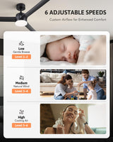 VONLUCE Ceiling Fans with Lights and Remote, 52 Inch Black Ceiling Fan, 3 Blades 6-Speeds Noiseless Reversible DC Motor, Modern Ceiling Fan for Farmhouse Bedroom Patio, Black VONLUCE