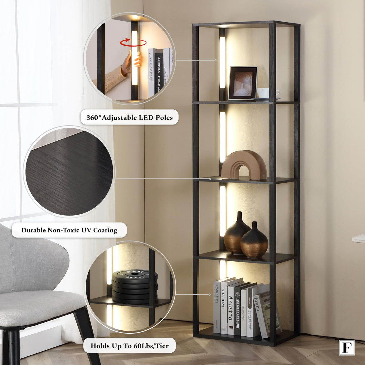 FENLO Fancy - LED Display Shelf with Dimmable Lights, LED Shelf Floor Lamps for Living Room, Sturdy Corner Shelf Curio Cabinet Display, Tall Floor Lamps with Shelves FENLO