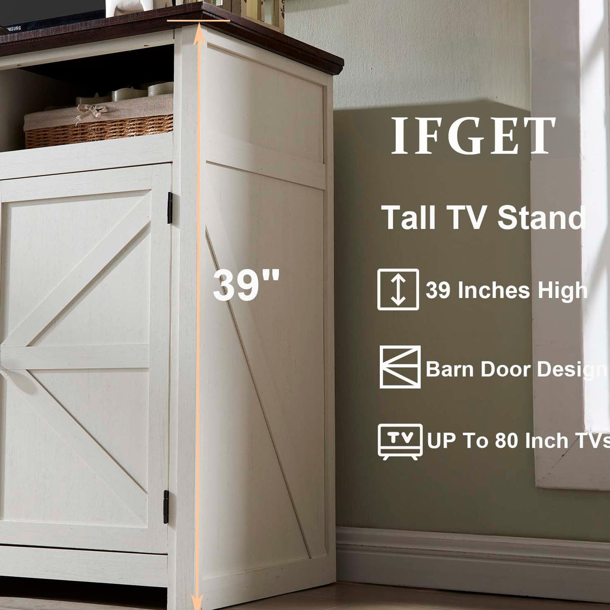 IFGET Farmhouse TV Stand for TVs Up to 80 inches, 39" Tall Highboy Entertainment Center w/Barn Door, Large Wood Rustic TV Console Cabinet w/Adjustable Shelves for Living Room, 70inch, White IFGET